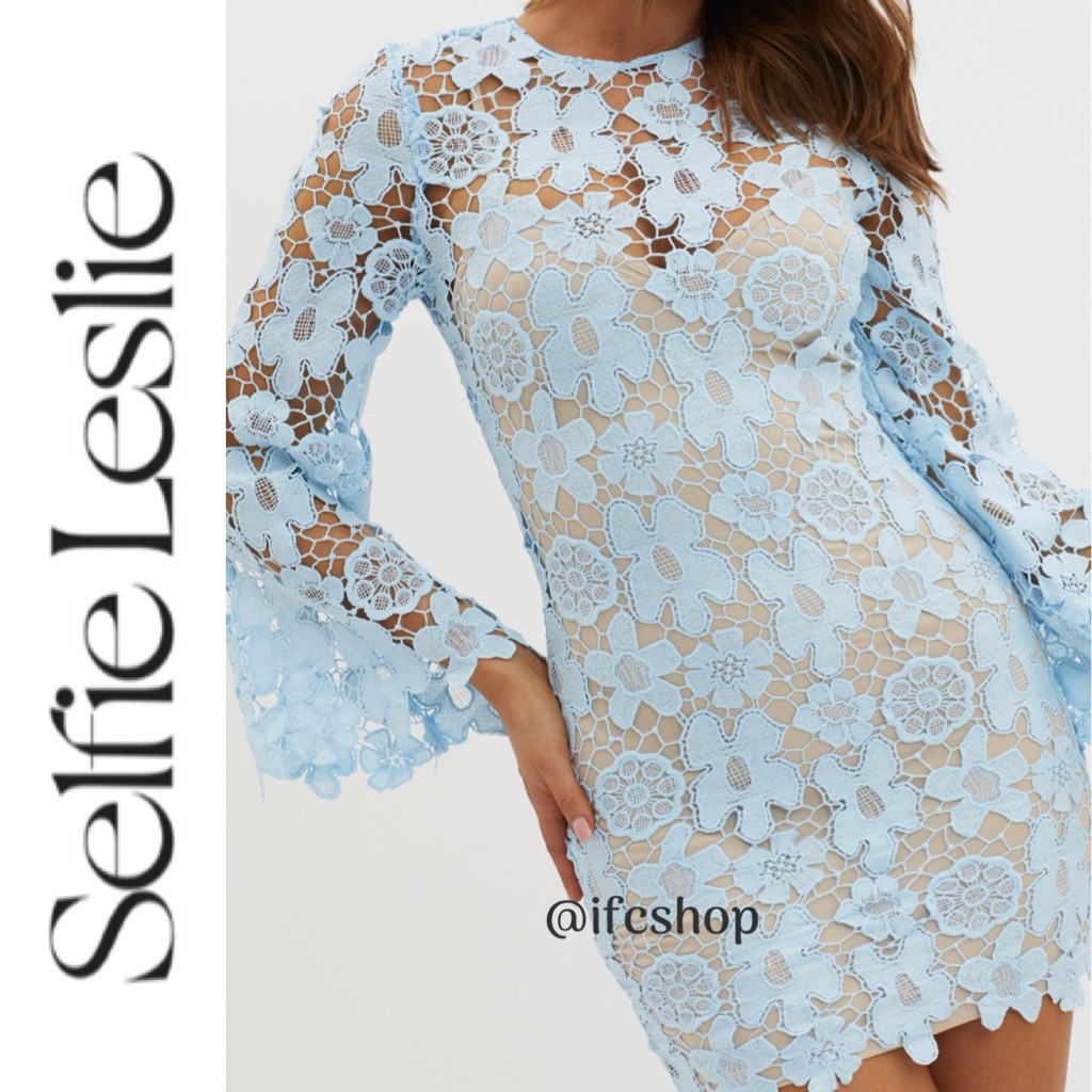 Nwt Selfie Leslie Reinhart Flared Sleeve Crochet Lace Dress Baby Blue